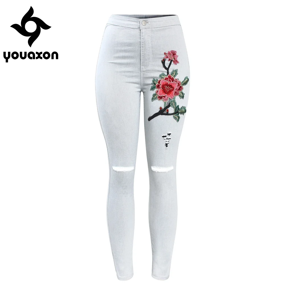 

2112 Youaxon High Waist Ripped Knees Floral Jeans With Embroidery Woman Stretchy Denim Pants Trousers For Women Skinny Jeans