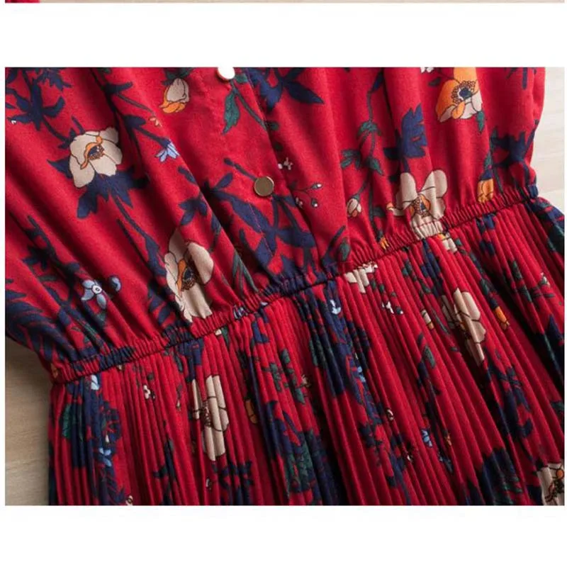 

Spring Autumn Elastic Waist Vintage Chiffon Dress Women Long Sleeve Floral Printed Casual Long Pleated Dresses Vestidos
