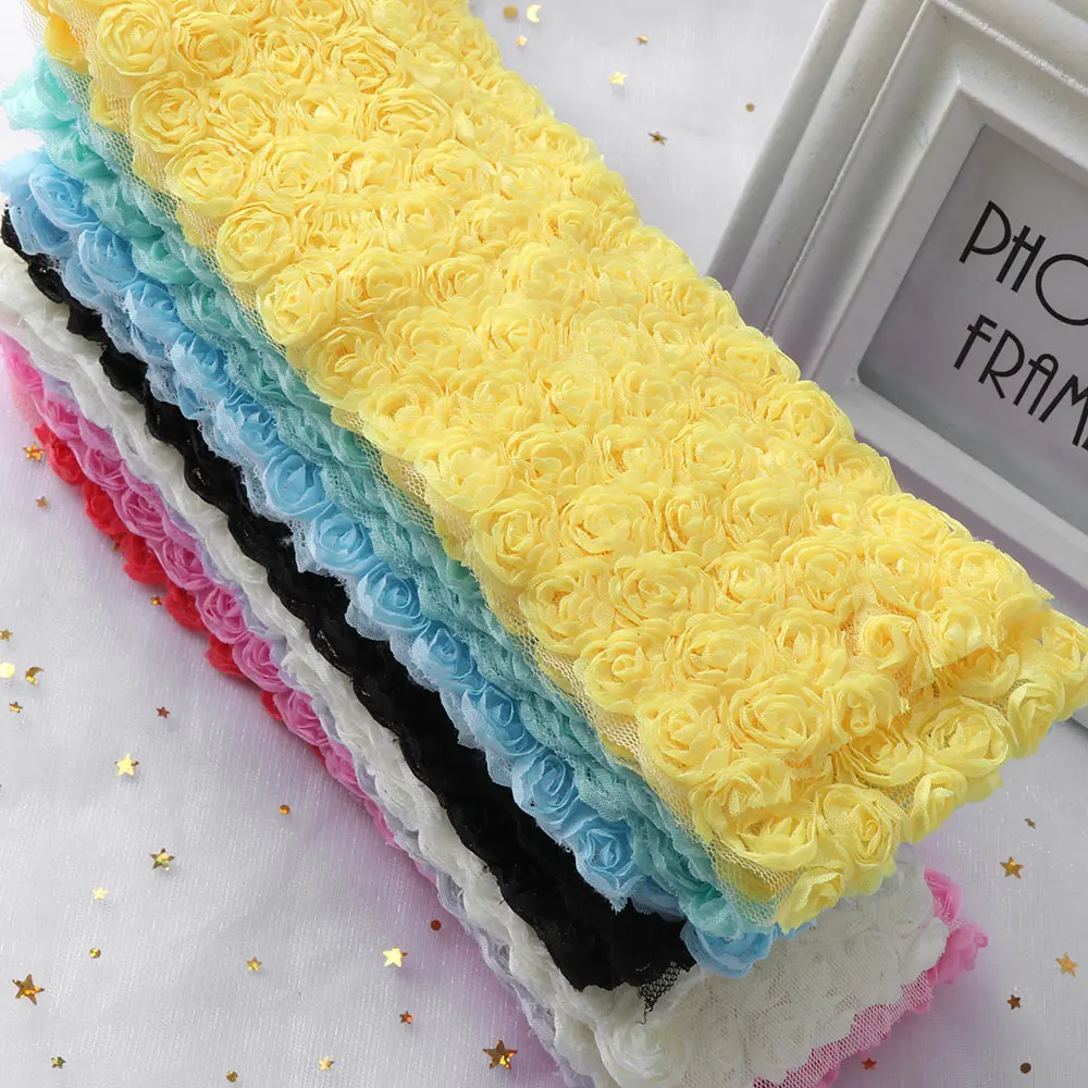 DIY 1 ярд 6 ряд 9 см ширина 3D Шифоновый Цветок Розы вышитые кружева отделка Лента ткань шитье ремесло костюм украшения