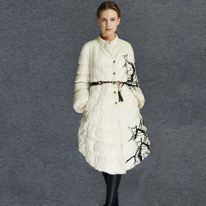 Женский пуховик на белом утином пуху асимметричная длинная парка для зимы 2018|jacket