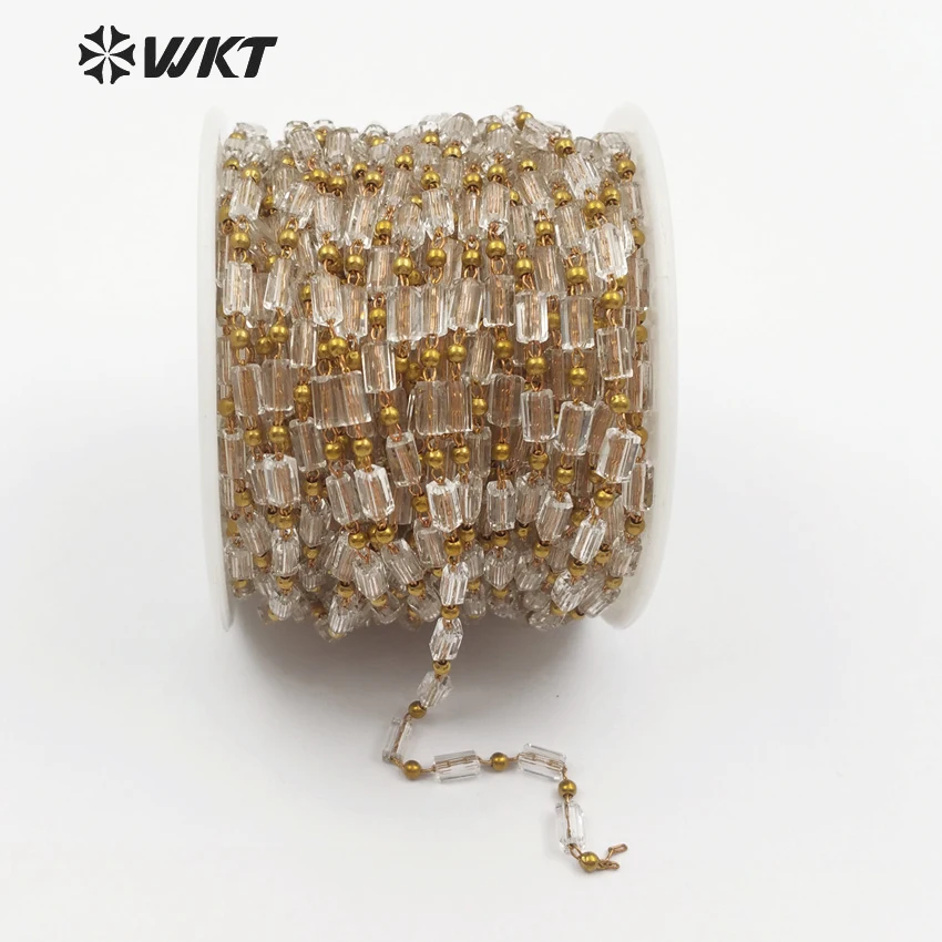 

WT-RBC081 Faceted Clear Crystal Beads Chain Luxe Style Jewelry Recetangle Shape Glass With Brass Wire Wrapped Handmade Chain
