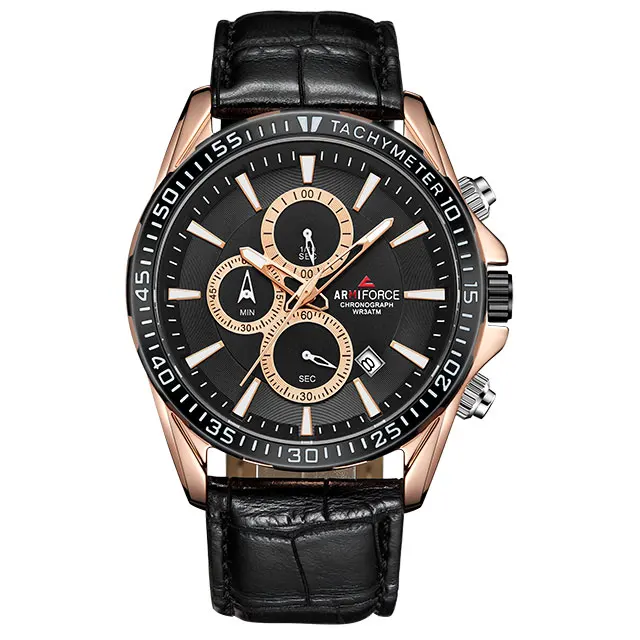 Rose Gold Black ARMIFORCE новые мужские часы Топ бренд Мужская мода хронограф кварцевые часы мужские из натуральной кожи спортивные часы Relogio Masculino - Цвет: Rose Gold Black