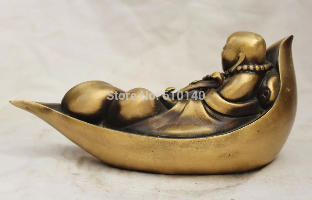 9&quot Chinese Budhdism Copper lotus leaf Happy Laugh Maitreya Buddha Ruyi Statue |