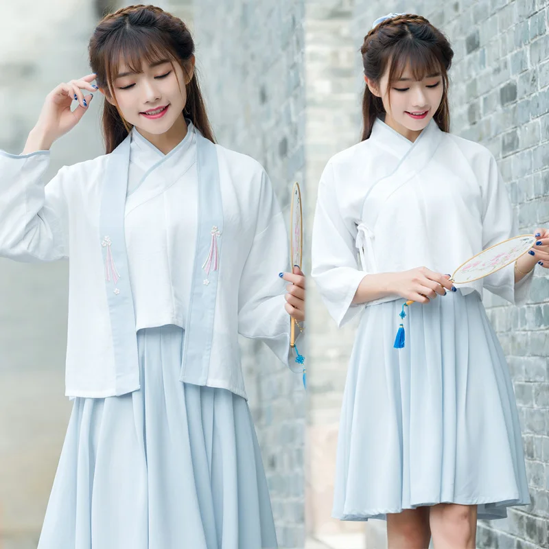 

Ancient China Tender Girls Clothing series student daily improved Hanfu female Top + skirt Lovely cute girl traditional costume