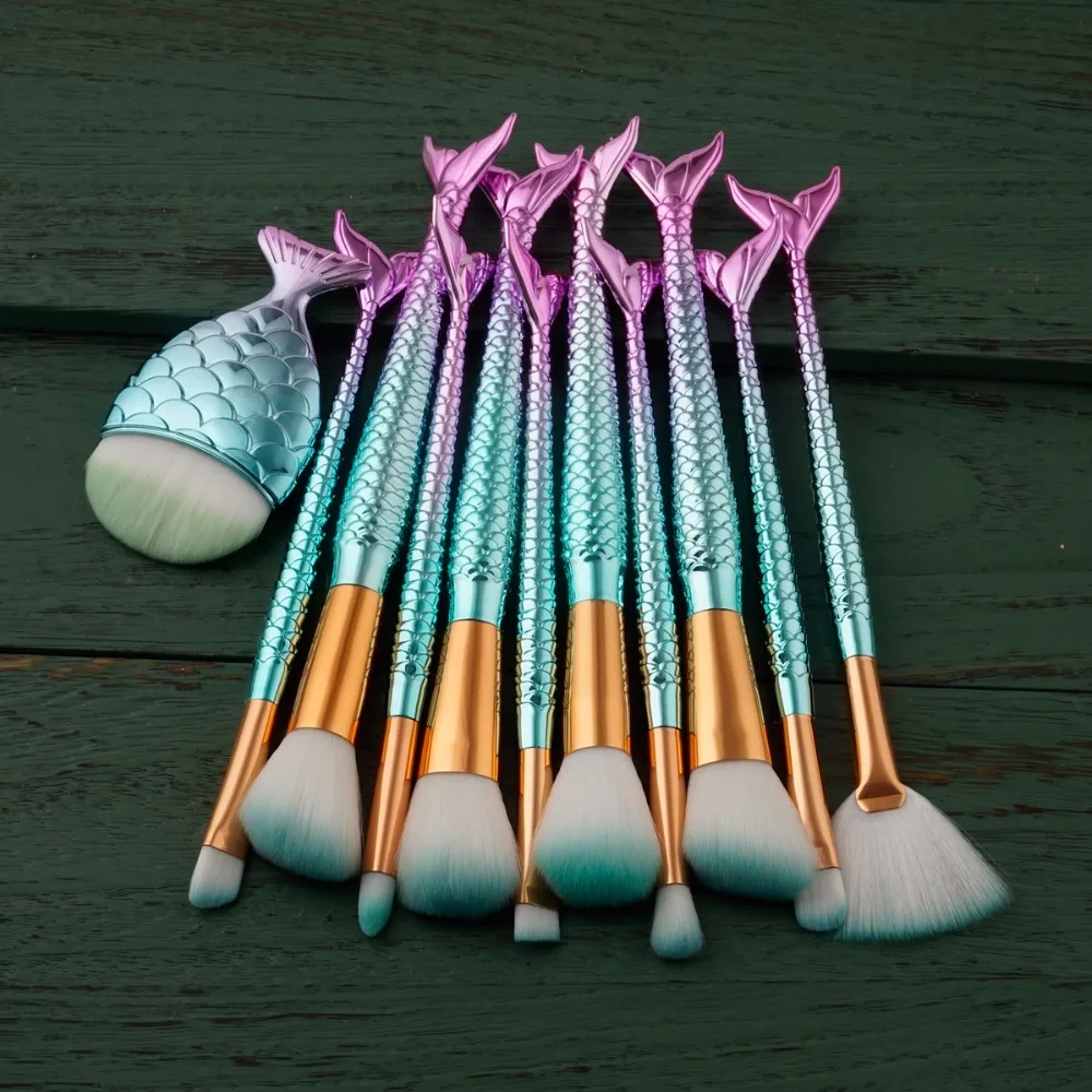 2019 Hot Sell Big Size Mermaid Makeup Brushes Fan Powder Brush Foundation Soft Hair Art Tools For Women 11pcs/set FreeShipping | Красота и