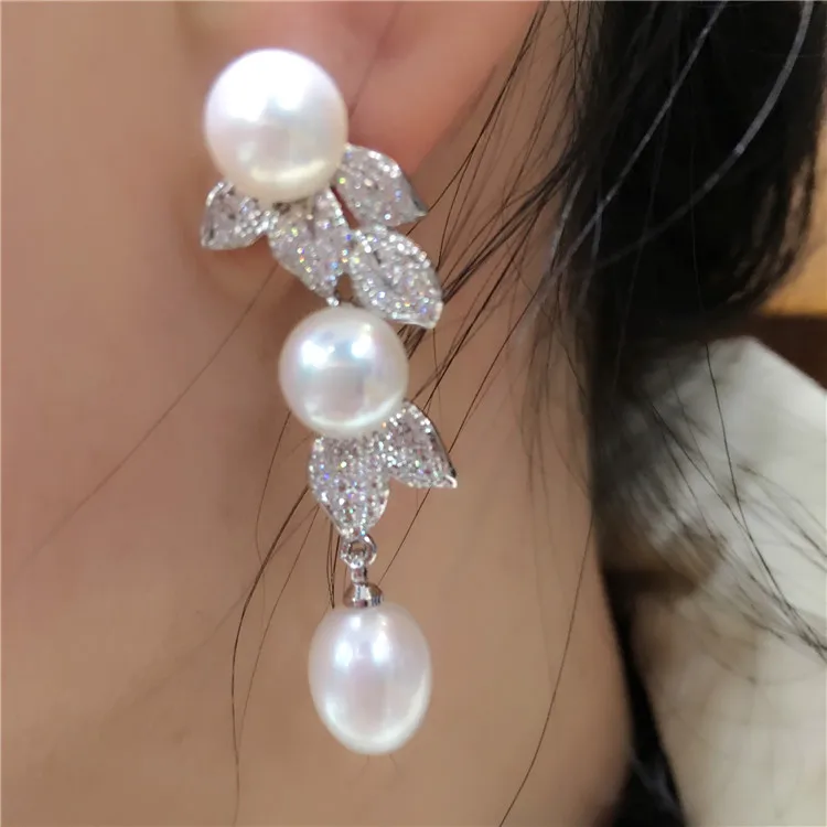 Серьги подвески с натуральным пресноводным жемчугом|drop earrings|drop leaf earringsleaf drop earring |