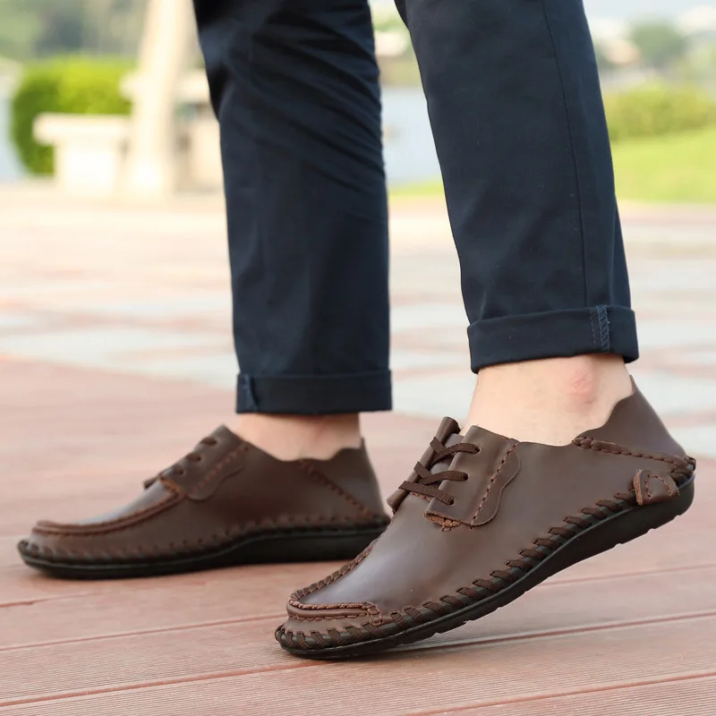 Fashion Sneaker 2019 Design Hand Sewing Men Genuine Leather Boat Shoes Lace Up Casual Flats Moccasins Driving Loafers | Обувь