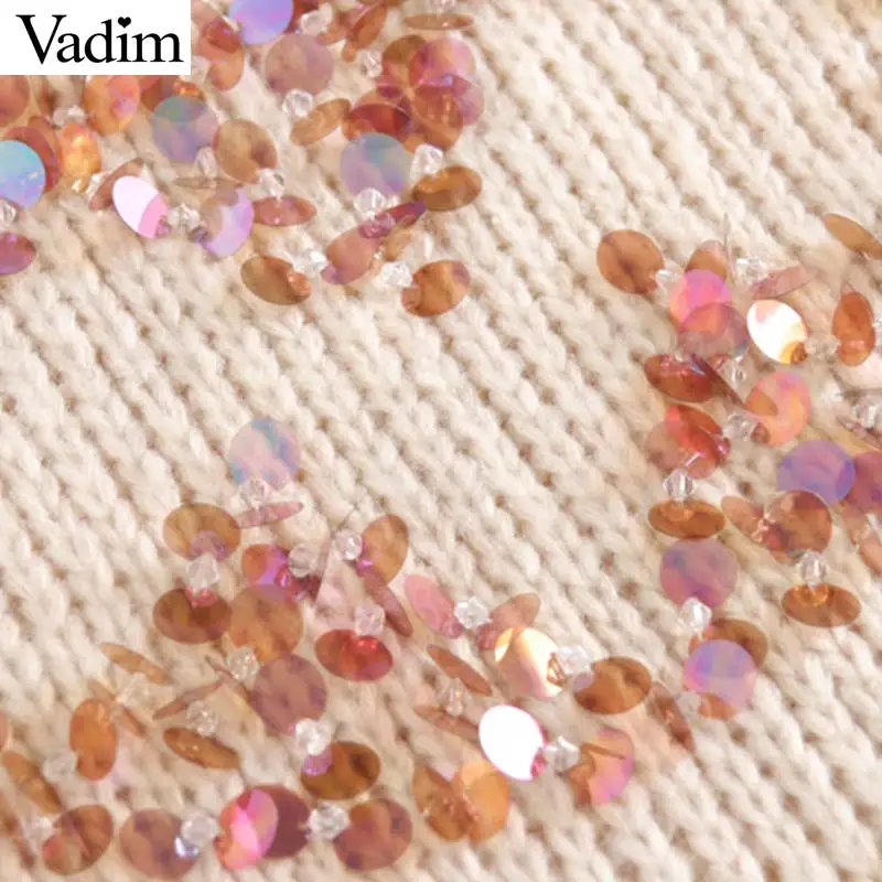 Vadim shiny sequined loose knitted sweater beading patchwork long sleeve o neck stretchy pullovers casual sweet tops HA226 | Женская