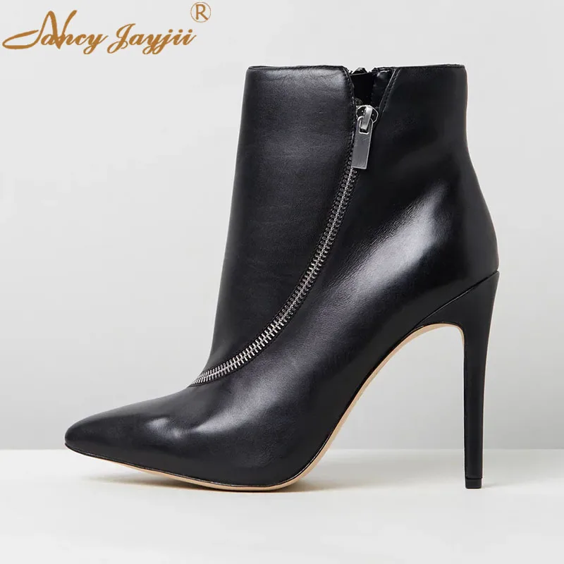 

Nancyjayjii Black Leather Women’S Modern Ankle Boots Pointed Toe Side Diagonal Zipper Super Stiletto Heels Winter Booties Shoes