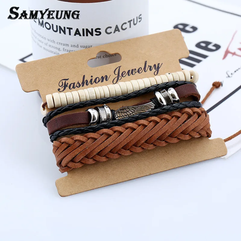 SamYeung 3 шт винтажный кожаный браслет с крыльями ангела мужской дружбы Homme Braslet Cow