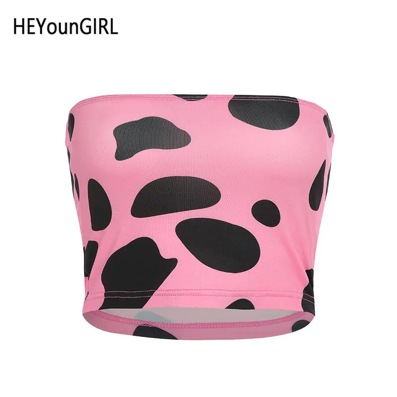 Розовый HEYounGIRL/Топ без бретелек с принтом коровы; Модный укороченный Топ без бретелек; Розовый Повседневный Топ-бандо; летняя уличная одежда - Цвет: Розовый