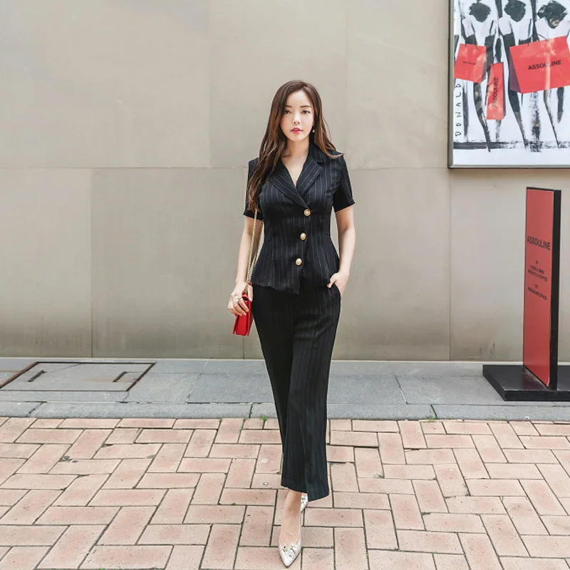 Women's OL Office Work 2 Pieces Set Striped Short Sleeve Singer Button Blouse and Sheath Long Pants Women Two Piece | Женская одежда
