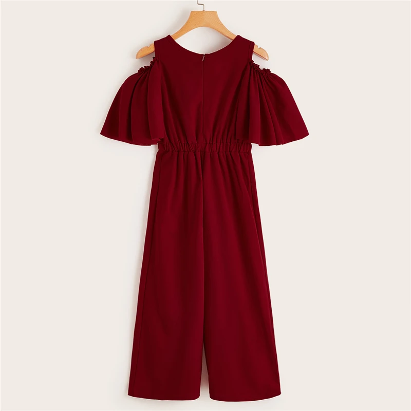 SHEIN/детский однотонный повседневный комбинезон с открытыми плечами и пуговицами сбоку для девочек; коллекция года; сезон лето; свободные длинные Комбинезоны на молнии с рукавами-воланами