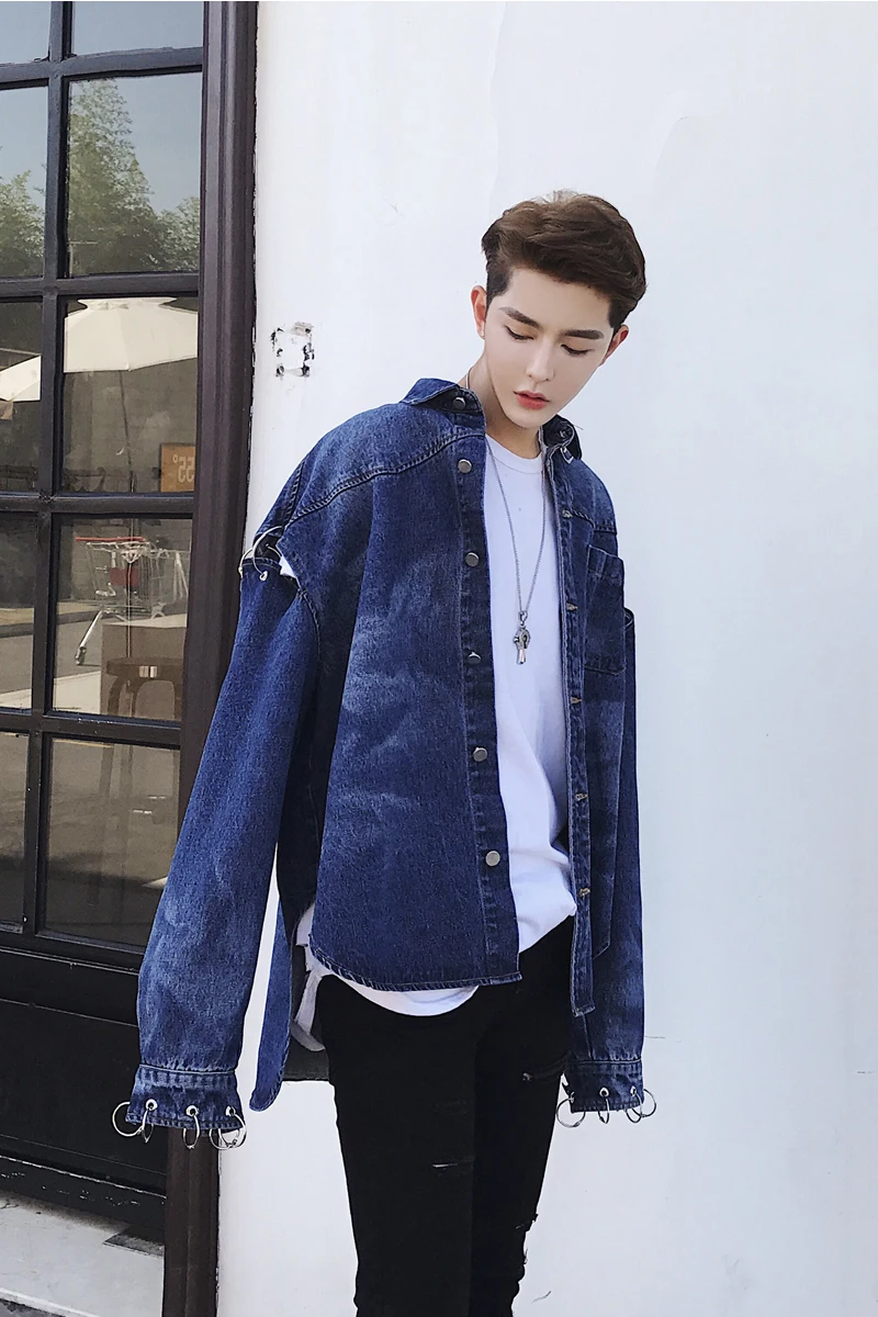 

M-2XL !!! Autumn new alternative loose hollow hole long sleeve jacket hoop decoration tide brand men's denim jacket.