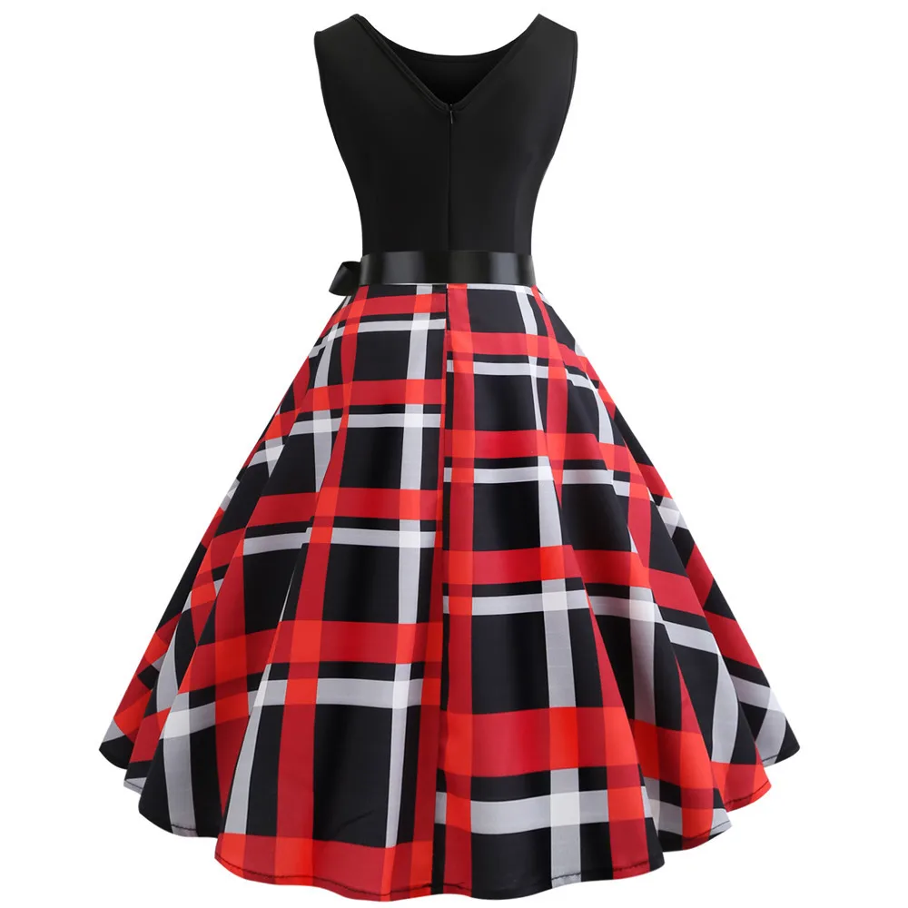 Женское летнее платье Hepburn Rockabilly винтажное с принтом в красную клетку