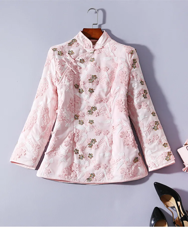 Новинка зимы Cheongsam Топ пластина Кнопка Вышивка толстый стеганый Тан костюм куртка стоячий воротник с длинным рукавом хлопковое пальто