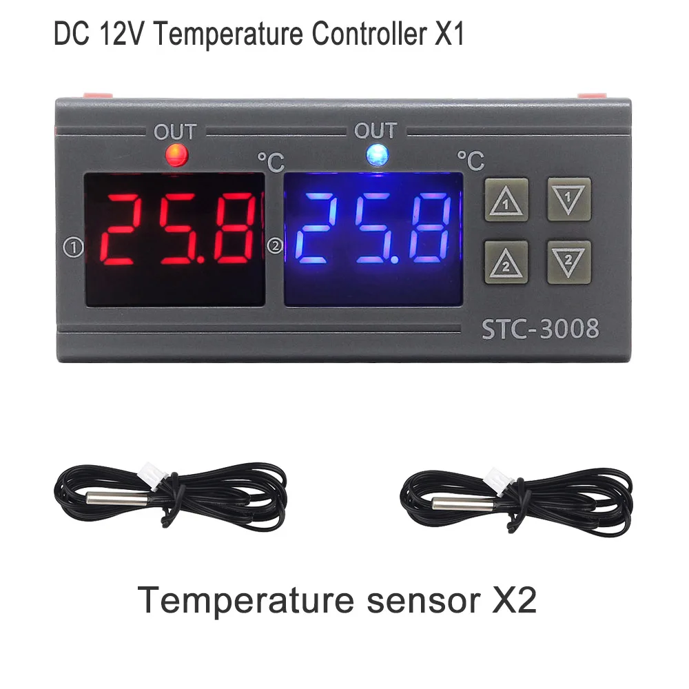 12V Двойной цифровой термостат для инкубатора, регулятор температуры, два релейных выхода, терморегулятор, 10 А, STC-3008 охлаждения, 12 В, 220 В - Цвет: 12V