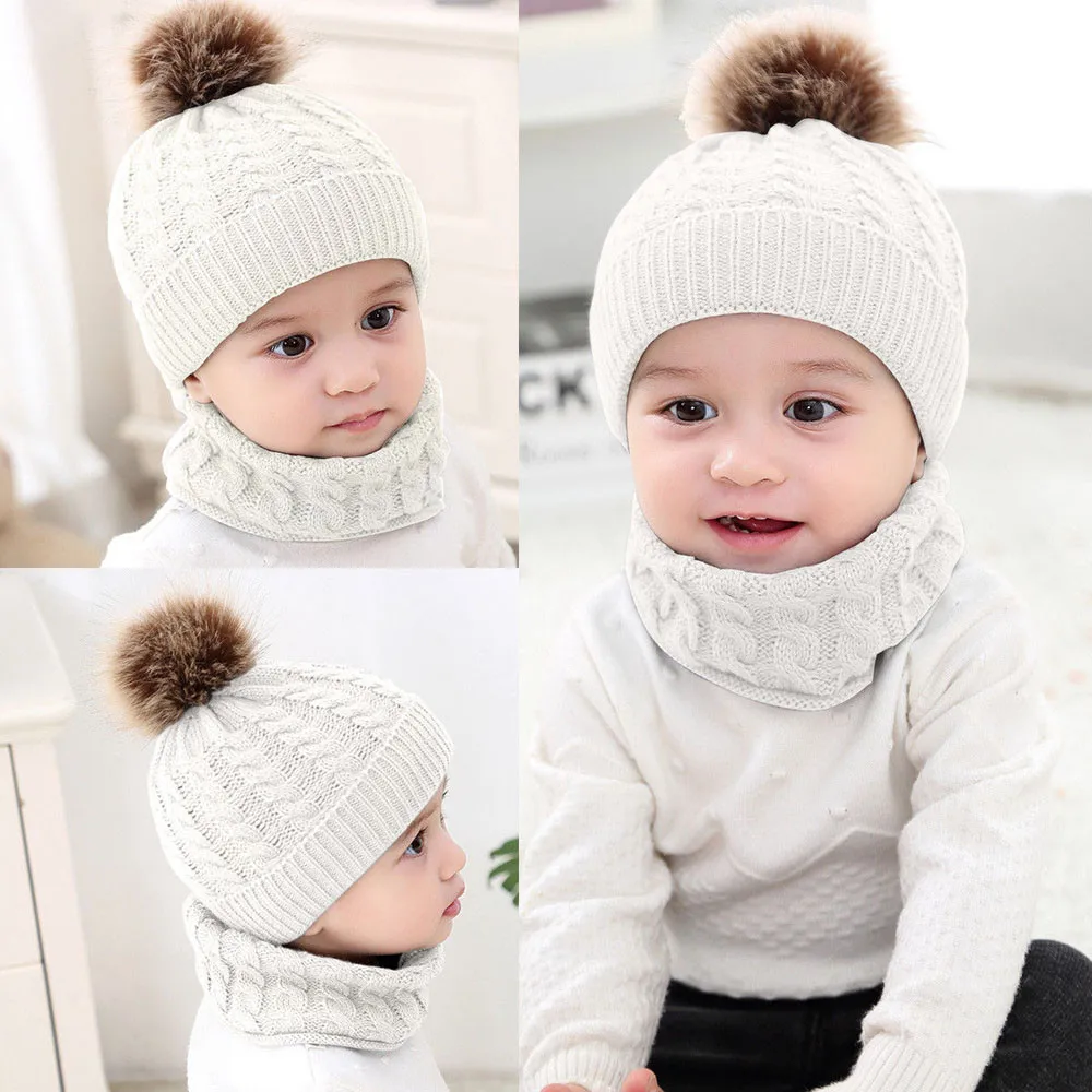 2Pcs infant girl baby winter warm knit hat cap + scarf suit 2019 new children two-piece | Детская одежда и обувь