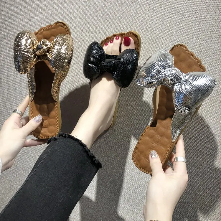 Летние модные милые женские шлепанцы с бантом повседневные на плоской подошве