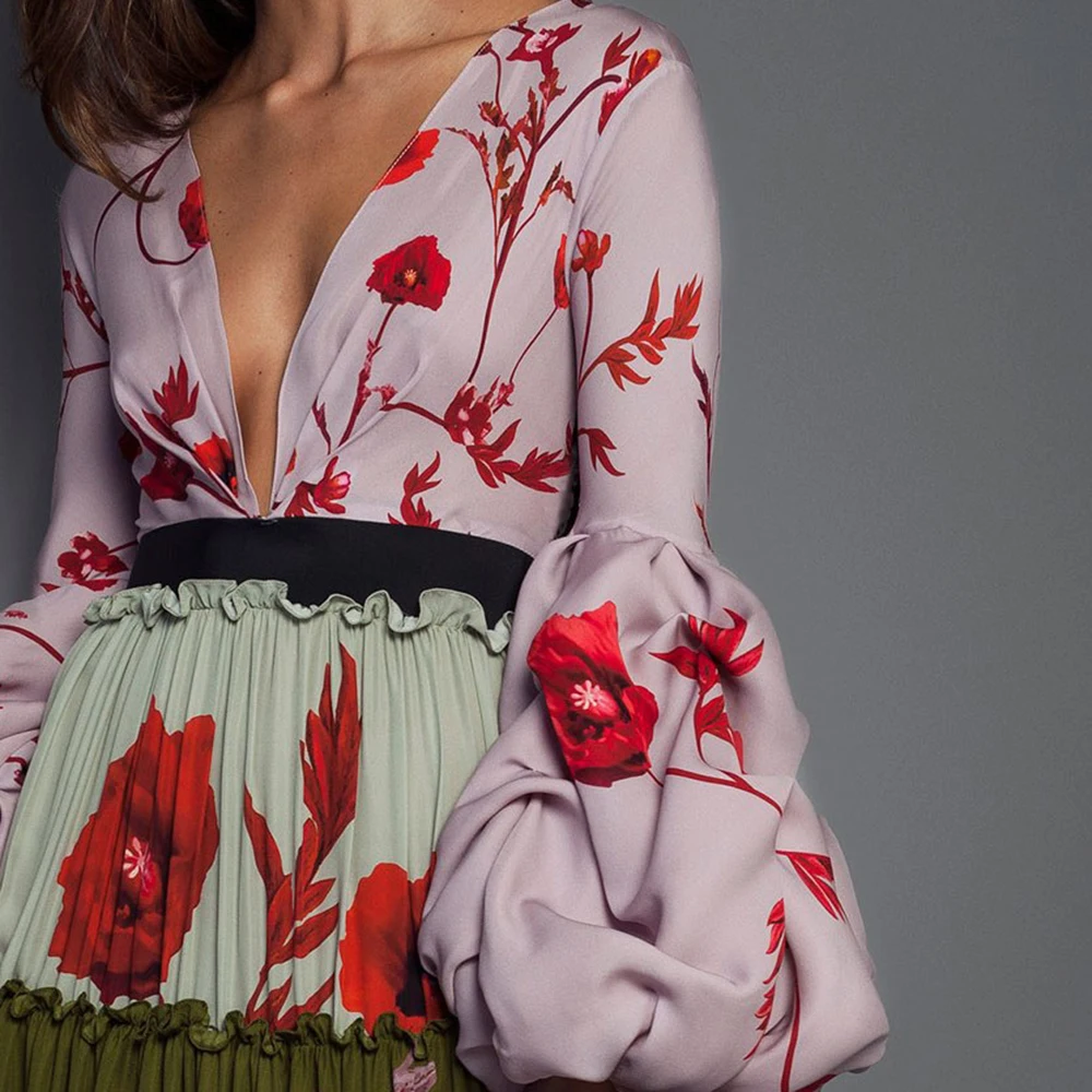 Женское пляжное платье с цветочным принтом Элегантное повседневное v-образным