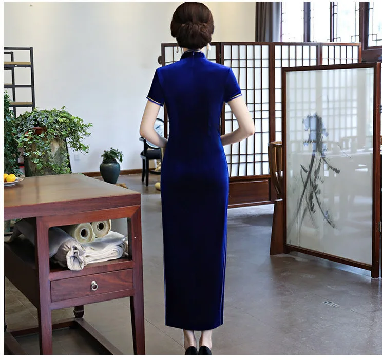 SHENG COCO китайское велюровое вечернее синее платье Cheongsam дамское длинное Шанхай Chipao