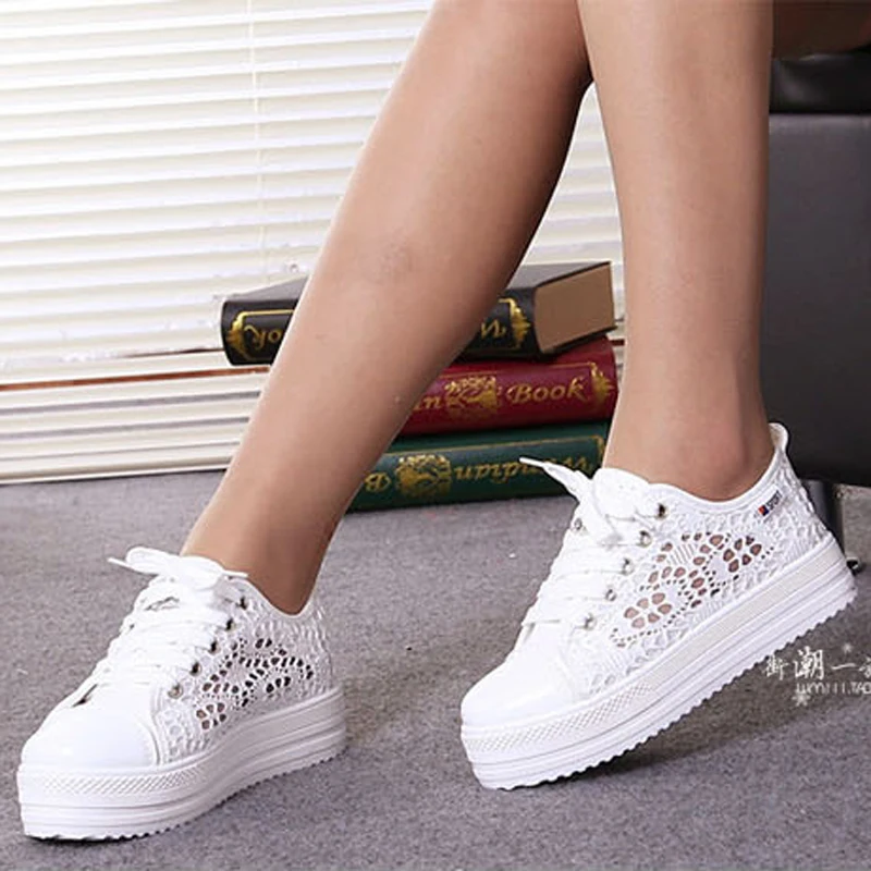Nice Summer New Women Shoes Casual Cutouts Lace Canvas Hollow-Out Floral Breathable Platform Flat Shoe Black White | Обувь