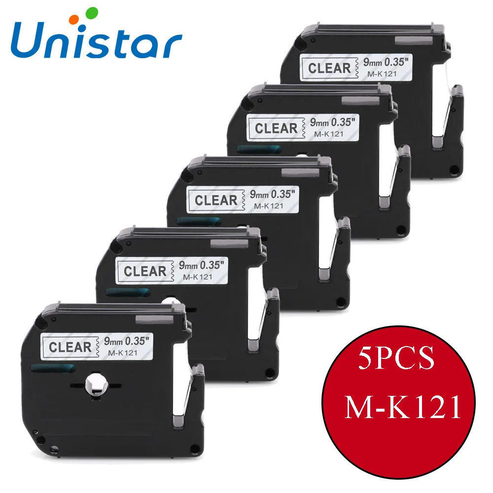 

Ленты для этикеток Unistar, совместимые с принтером Brother P-touch 9 мм, черные, прозрачные, для Brother p touch MK121 M-K121, 5 шт.