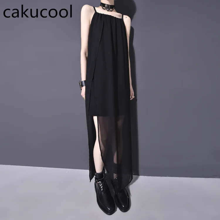 Женское шифоновое платье на бретельках Cakucool Черное Длинное свободное тонкое с