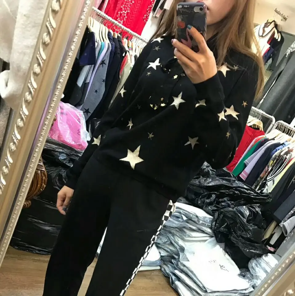 2019 fashion brand cashemere wool stars pattern printed sweater short style knit blouse long sleeve tops wj1839 | Женская одежда