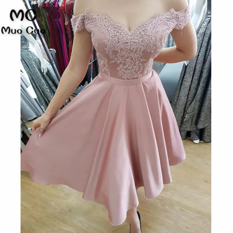 Glamorous Evening Dresses Form Tea Length Dress Featuring Appliques Satin Vestidos de fiesta Formal Evening Dress Short - Цвет: Розовый