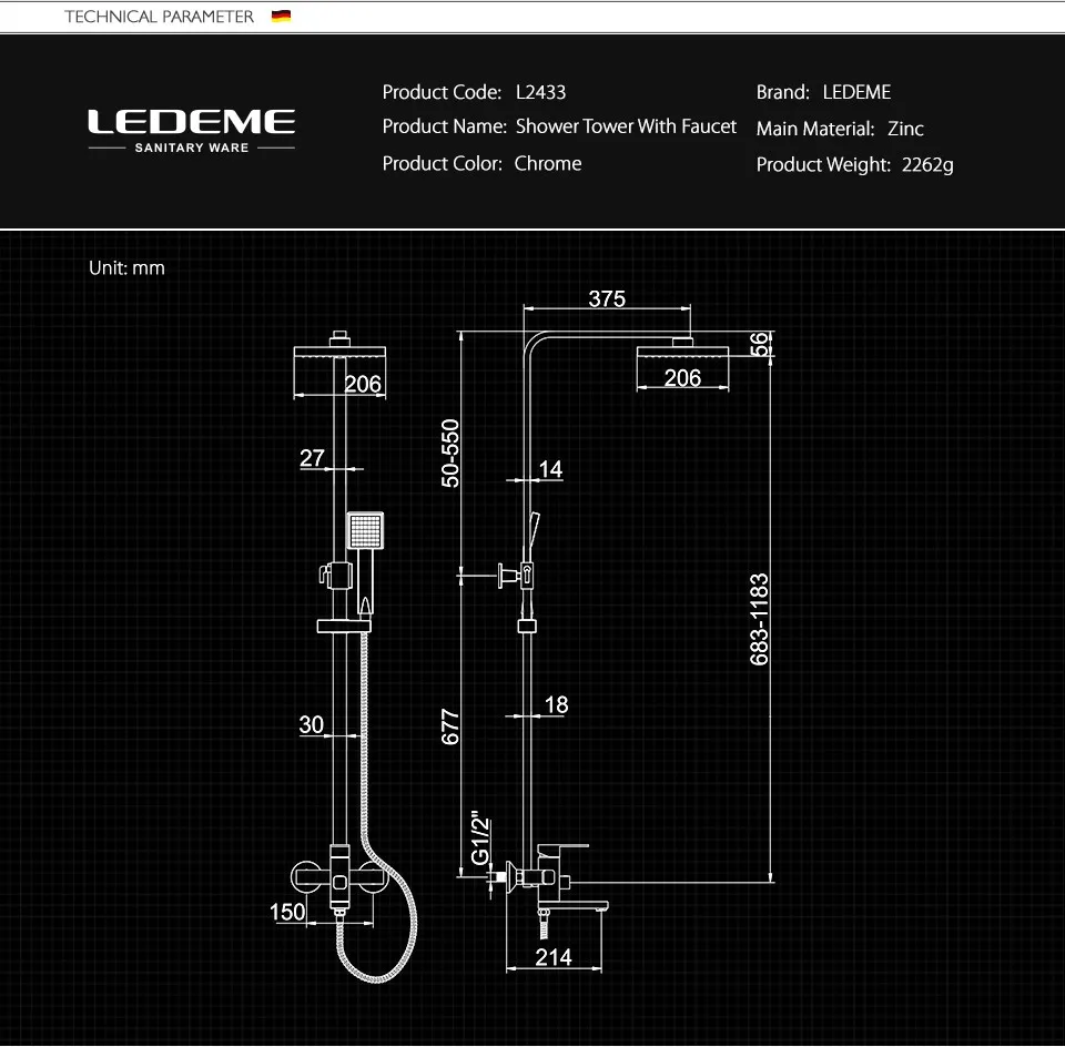 LEDEME Штанга со смесителем и тропическим душом латунь Цвет: хром L2433