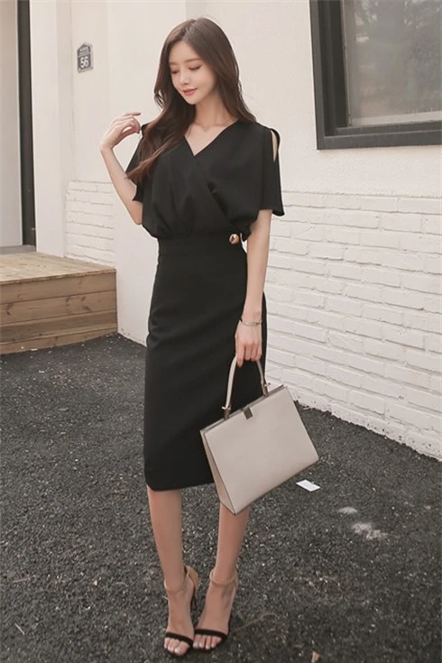

2 Pieces Sets Women Suit Summer Set Short Sleeve V-neck Blouses Tops and Black Bandage Dress Vintage Office Lady 2 Pieces Set
