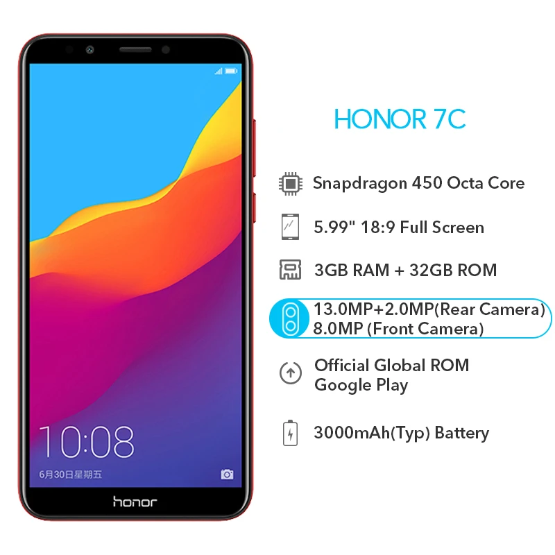 Honor 7C 3 ГБ 32 Snapdragon 450 Восьмиядерный 5 99 &quot1440x720 экран 13MP двойная камера отпечатков