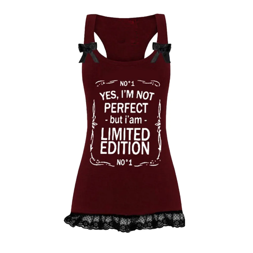 Women Cool Fashion Sexy Sleeveless Letters Print Lace Patchwork Cotton Tank Top Vetement Femme Hemdjes Topjes Women Tank Top