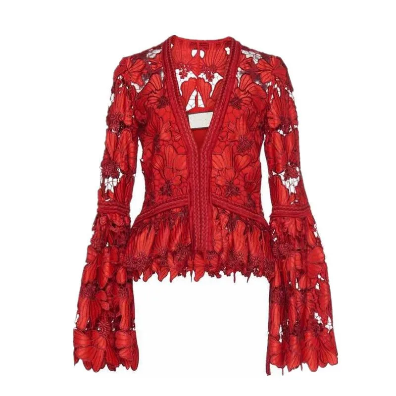 

New Fashion Women's Lace Blouses Sexy Deep V-neck Hollow Out Luxury Ruffles Shirts Ladies Party Club Vacation Tops High Quality