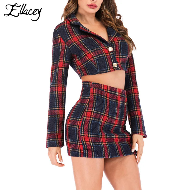 Женский клетчатый костюм Ellacey Красный Клетчатый с юбкой короткий топ Блейзер