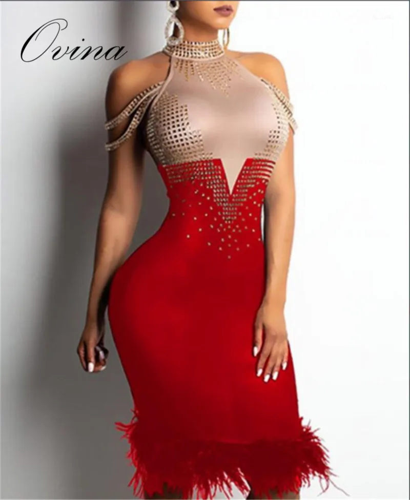 

3 Color High Quality Sleeveless Fur Knee Length Bodycon Bandage Dress Evening Party Dress