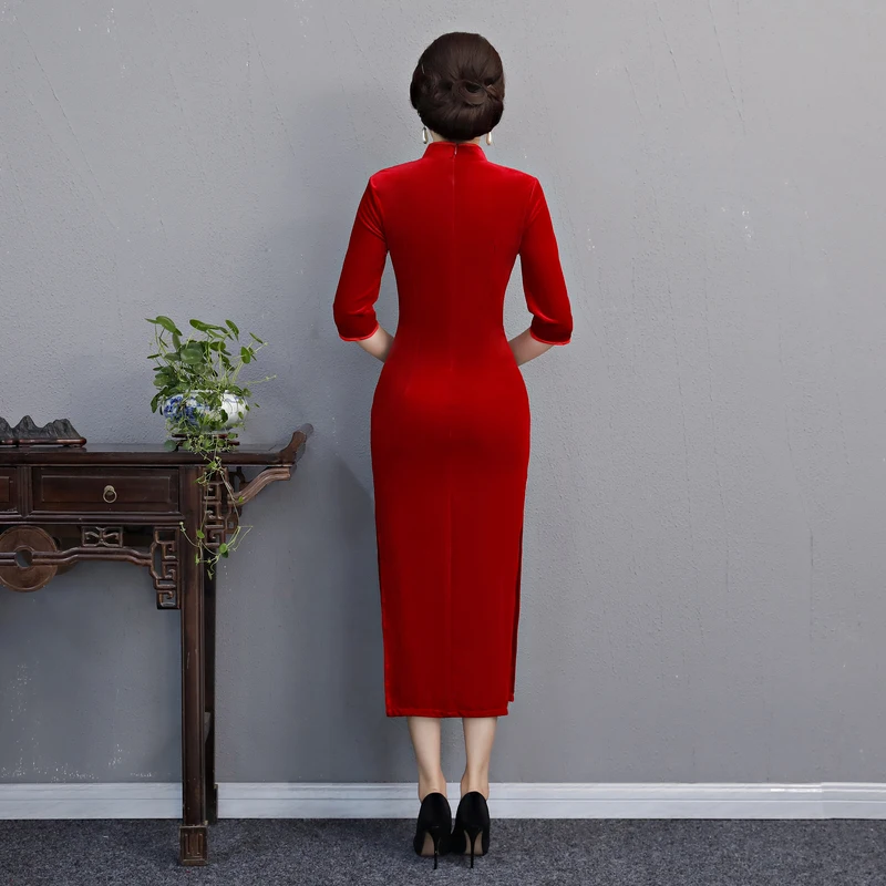 S-5XL велюр Cheongsam Весна Традиционный китайский стиль длинное платье женские воротник-стойка Qipao тонкий Платья для вечеринок Vestido