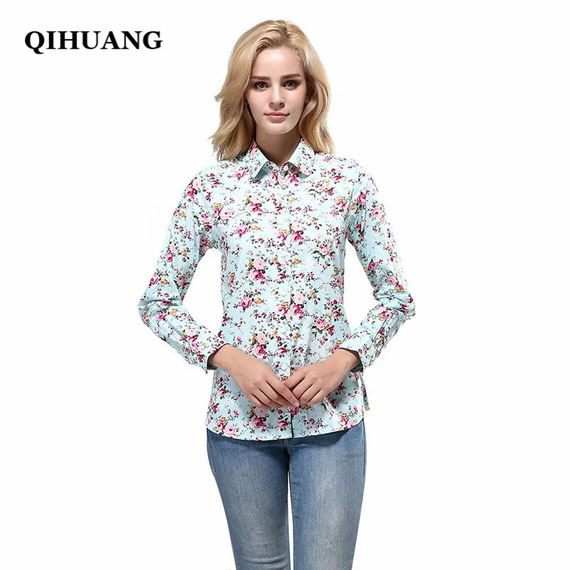 WCX039 QIHUANG, модные женские рубашки,, цветочный принт, хлопок, длинный рукав, блузки, женские рубашки, повседневные, размера плюс, уличная одежда, топы S-5XL - Цвет: WCX039