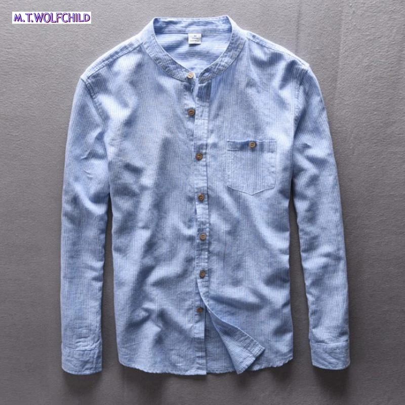 Мужская льняная хлопковая рубашка с длинным рукавом китайская мужская полосатая