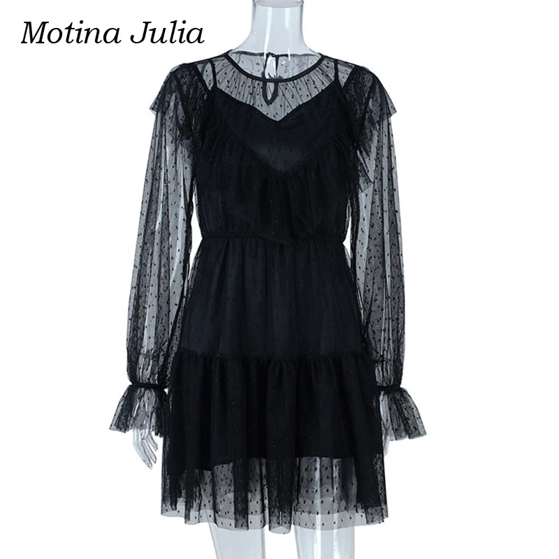 Motina Julia новинка 2018 Осень зима черное Сетчатое платье вечерние Клубные 2 вещи в