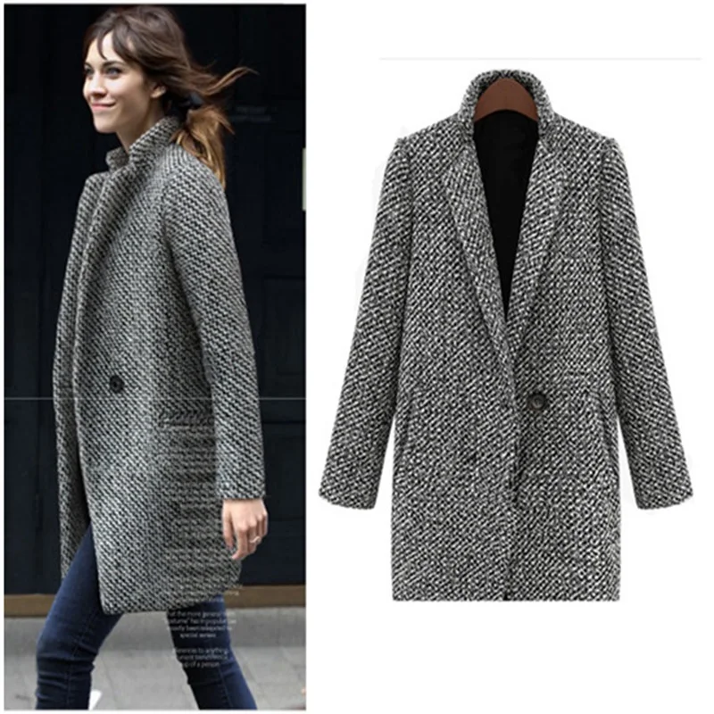 Promotions Large size new women's winter blended coat thickened plaid single-breasted lady Slim warm Woolen Windbreaker DF7724 | Женская