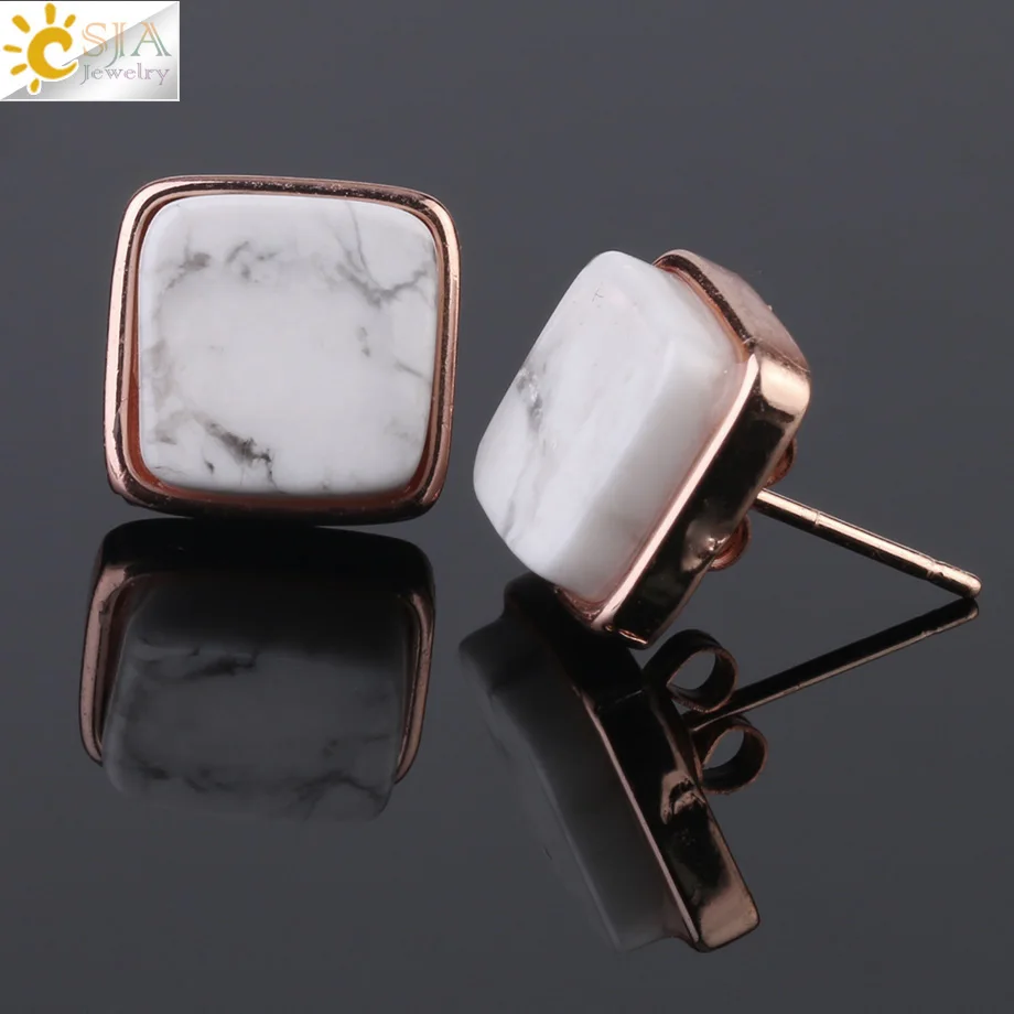 Howlite CSJA квадратные натуральные серьги-гвоздики с камнем кристалл кварц розовое золото цвет серьги для женщин Мода девушки украшения для ушей, серьги G036 - Окраска металла: Howlite