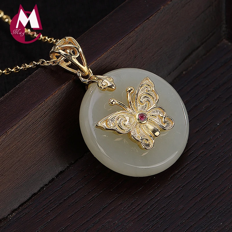 Женское колье из серебра 2019 пробы с натуральным нефритом|Ожерелья| |