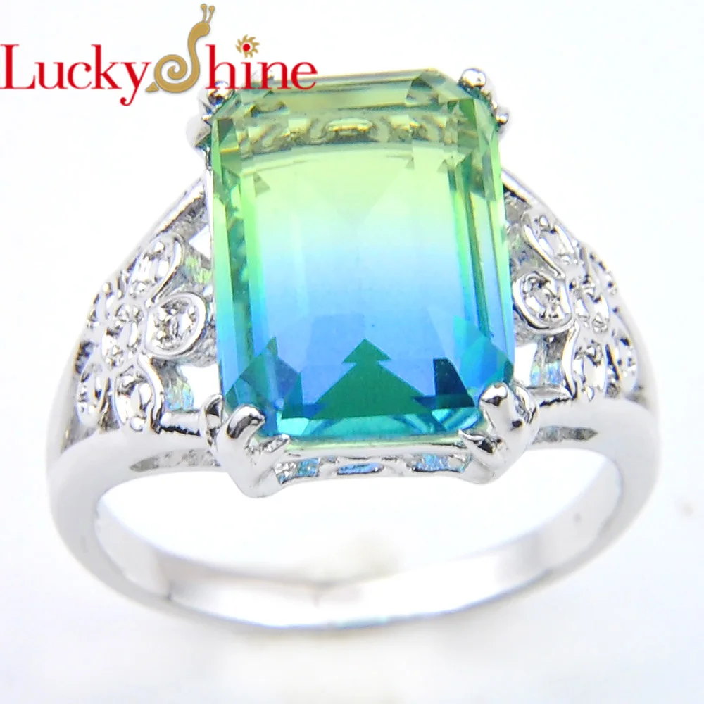 

LuckyShien New Novel Fashion Wedding Jewelry Gift Lady Rectangle Gradient Green Tourmaline 925 Silver Ring Size 7.8.9