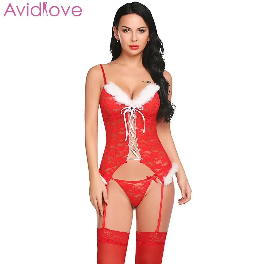 Red Avidlove, сексуальное боди, Новогодняя одежда, сексуальное нижнее белье, горячее, Эротическое нижнее белье, Babydolls, плюшевое, прозрачное, женское, на талии, кружевное - Цвет: Red