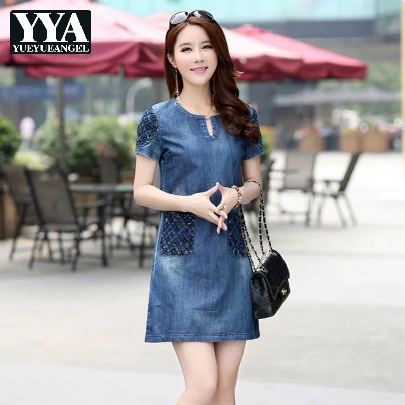 Женское джинсовое платье с коротким рукавом свободное облегающее платье-мини из