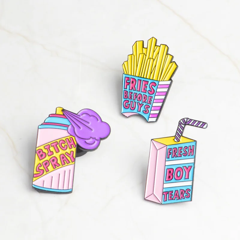 Set Большая мультяшная надпись "Fries Before Guys" свежий мальчик слезы напиток коробка сука спрей милый Сплав Брошь металлические значки шляпа рубашки лацкане Эмаль Булавка - Окраска металла: Set