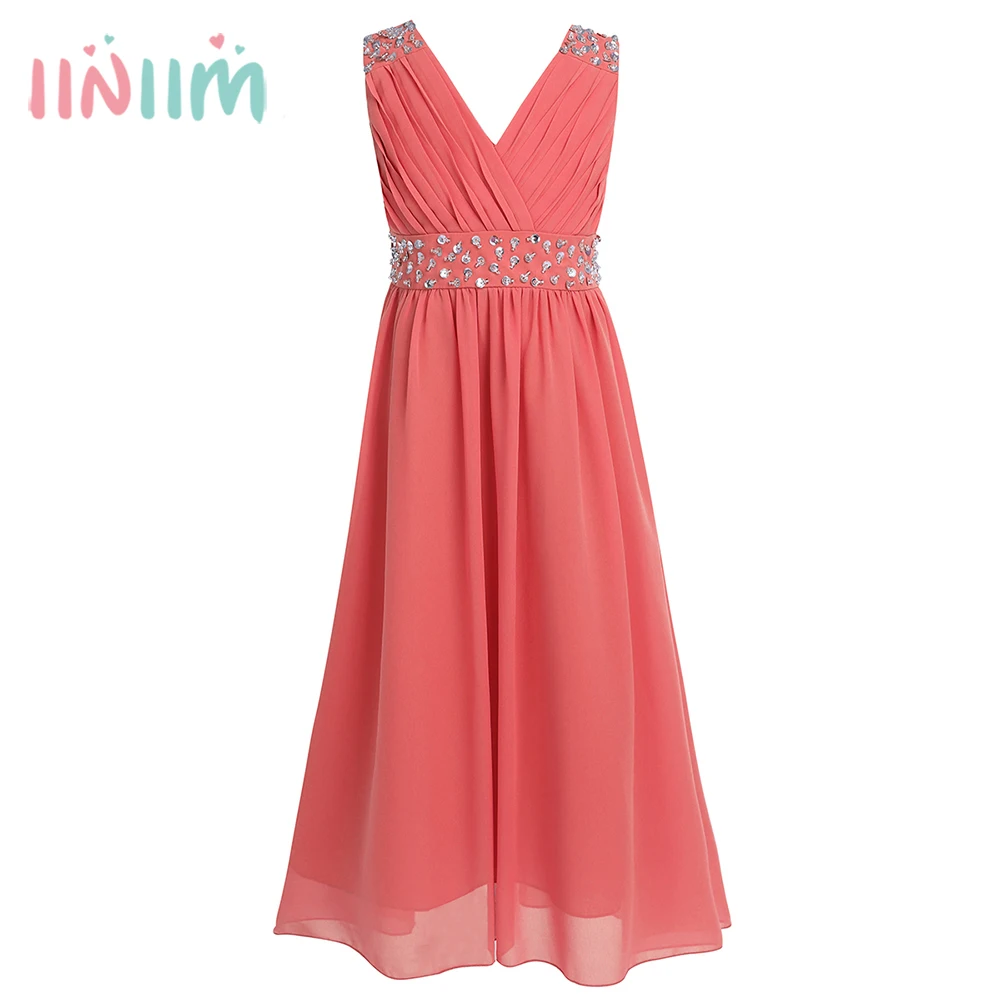 iiniim Children's Summer Dress Sleeveless Sequins Chiffon Flower Girl Maxi Princess Bridesmaid Birthday Party Tutu | Детская одежда