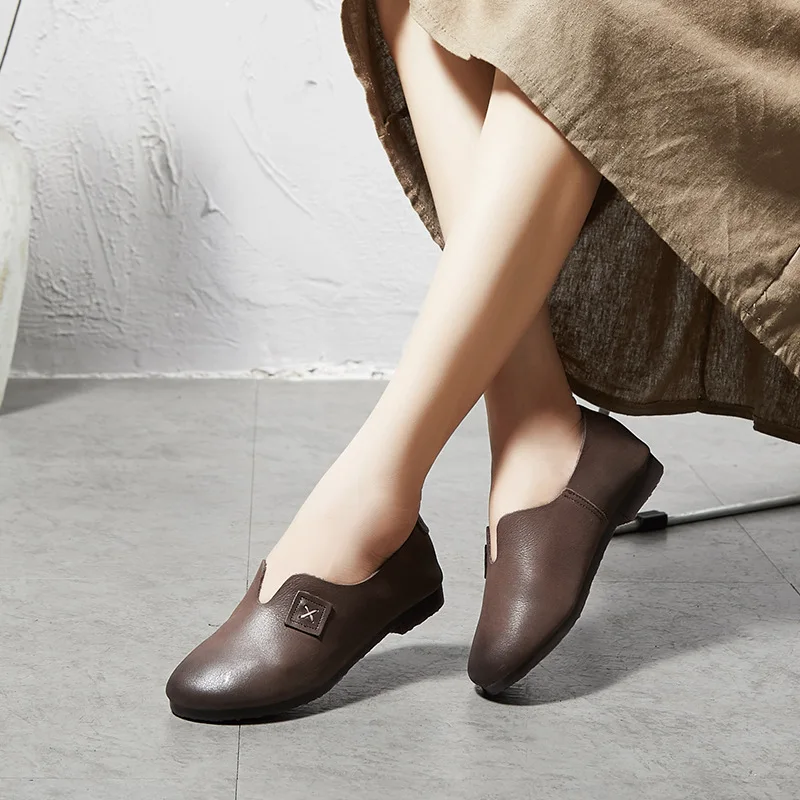 Johnature Women Shoes Genuine Leather Casual Flats Round Toe New Autumn Shallow Solid Color Handmade Womens Shoes